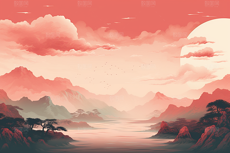 中国红山水水墨红色插画