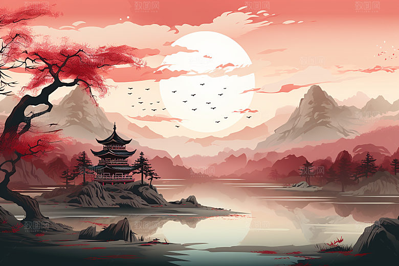 中国红山水风光水墨插画
