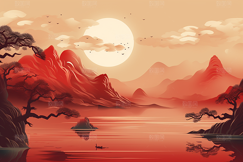 中国红山水艺术国画插画