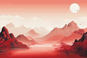 中国红山水新中式手绘插画