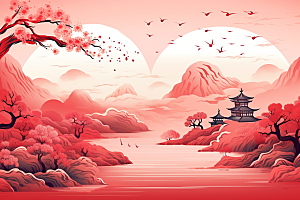 中国红山水风光国画插画