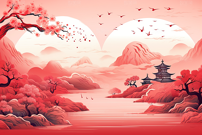 中国红山水风光国画插画