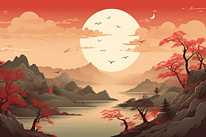 中国红山水红色新中式插画