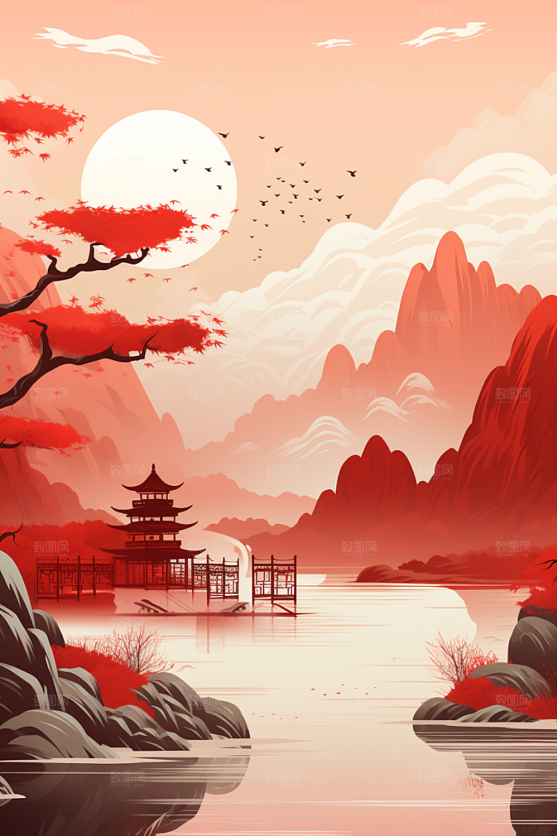 中国红山水红色国画插画