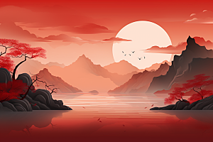 中国红山水新中式红色插画