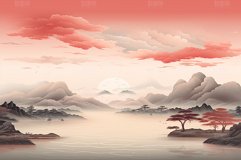 中国红山水水墨新中式插画