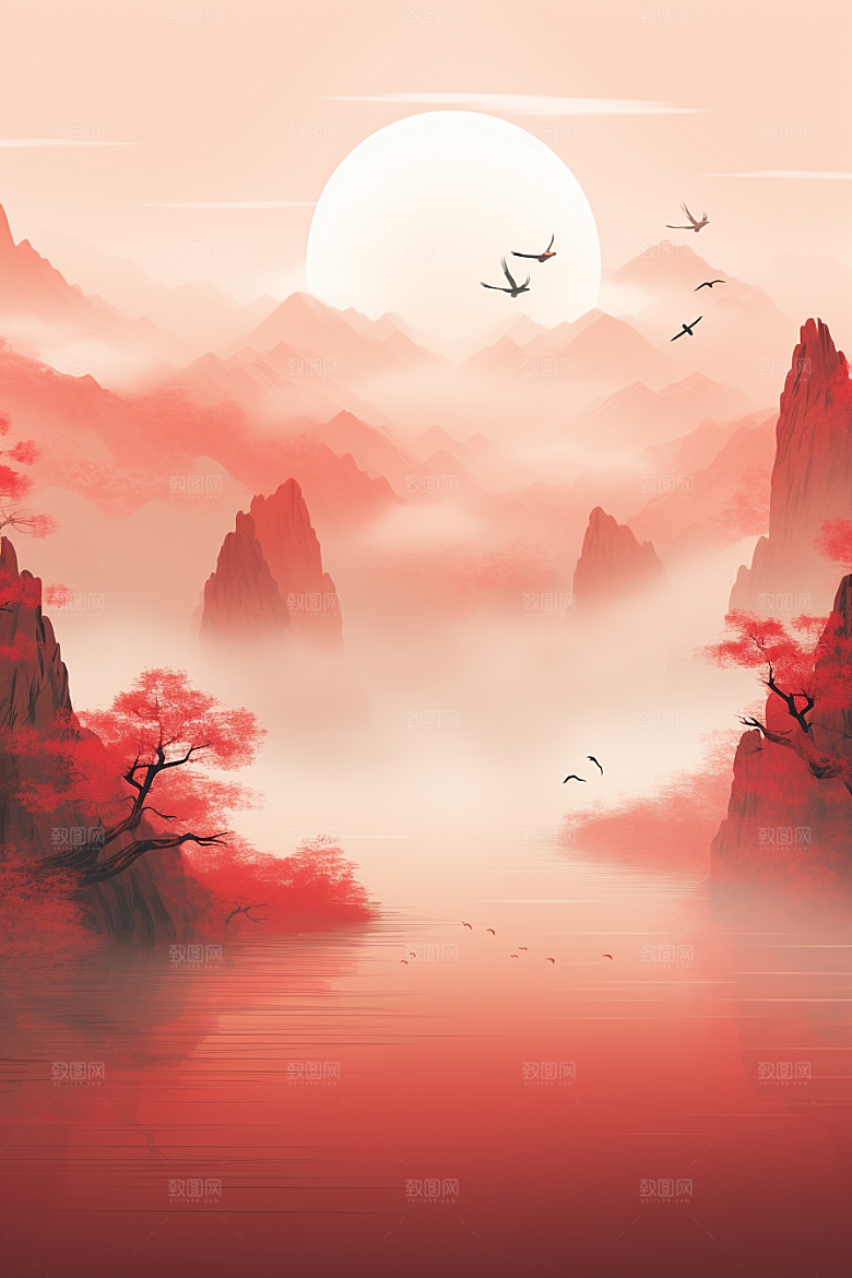 中国红山水手绘艺术插画