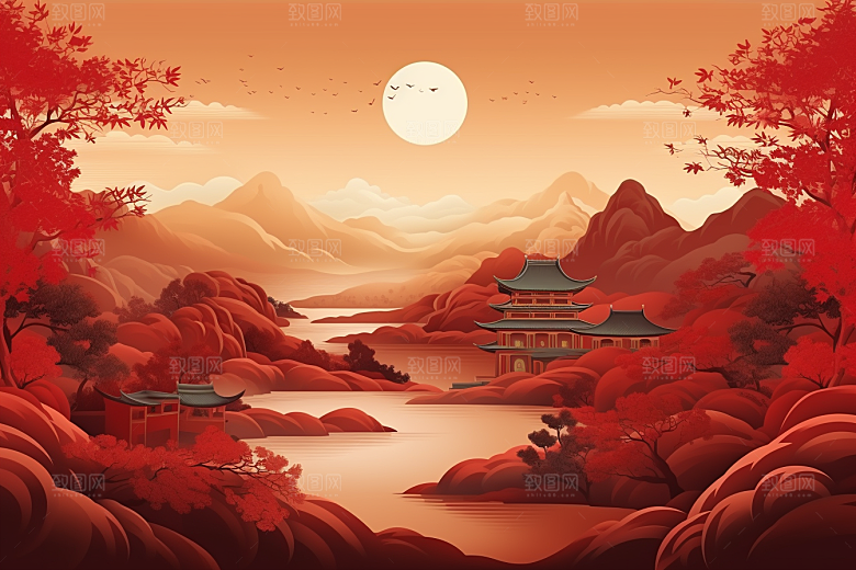 中国红山水风光新中式插画