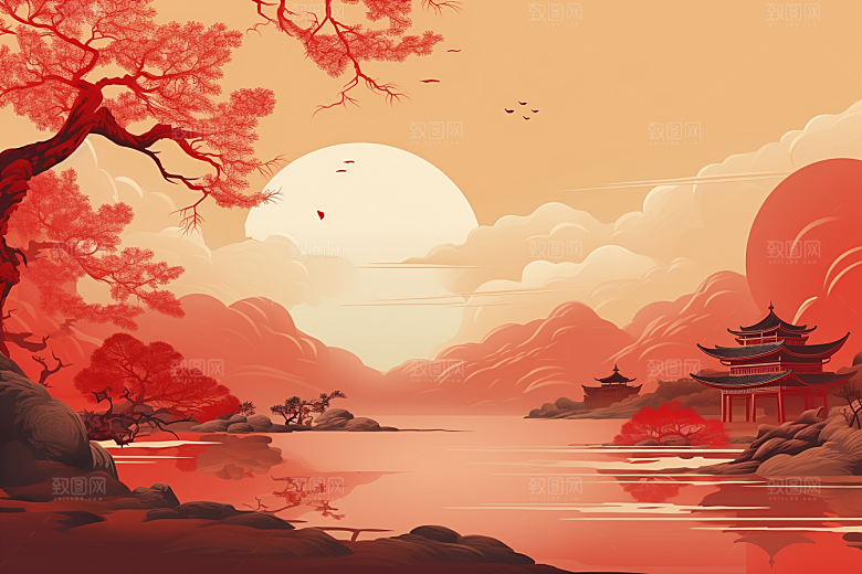 中国红山水国画风光插画