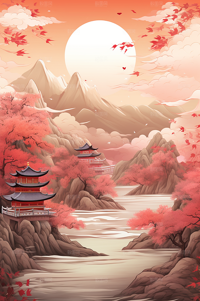 中国红山水水墨风光插画