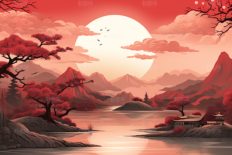 中国红山水新中式水墨插画