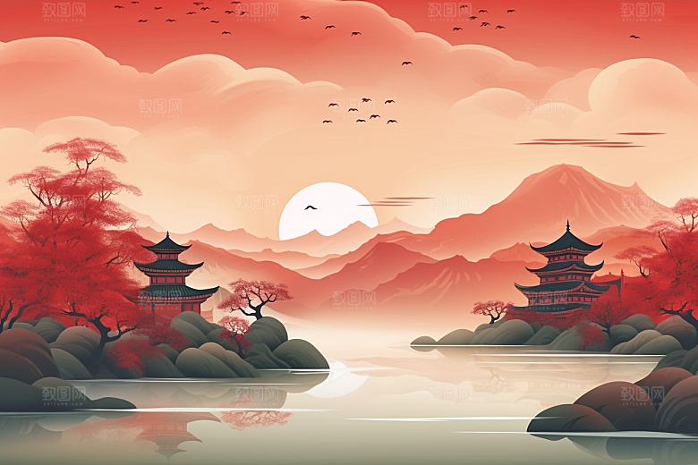 中国红山水新中式手绘插画