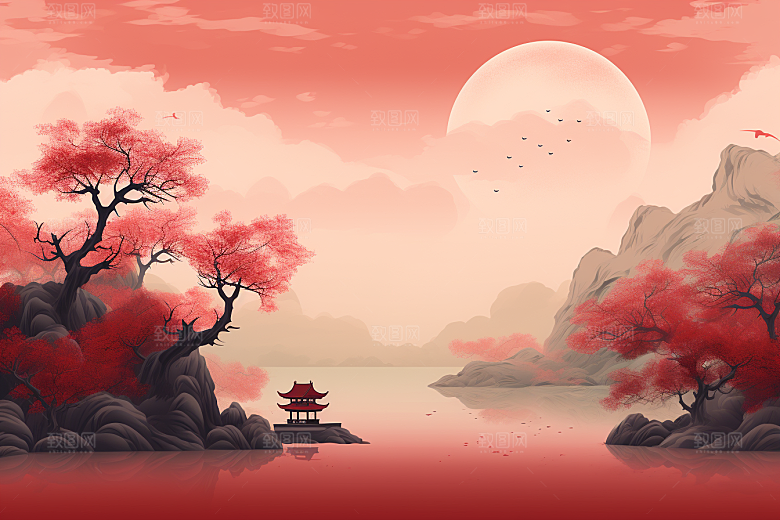 中国红山水风光新中式插画