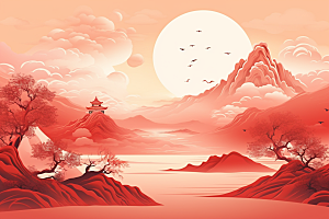 中国红山水国画艺术插画