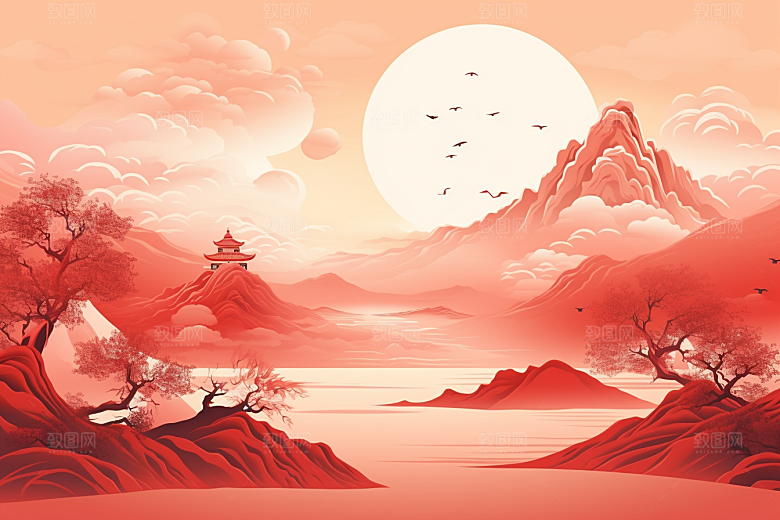 中国红山水国画艺术插画