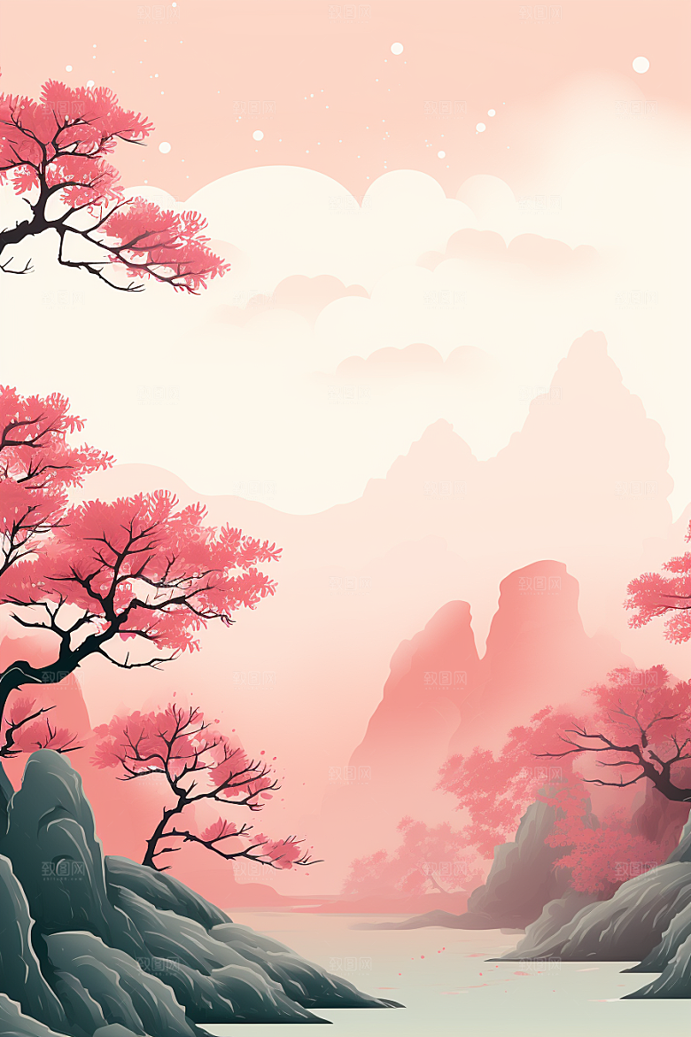 中国红山水艺术水墨插画