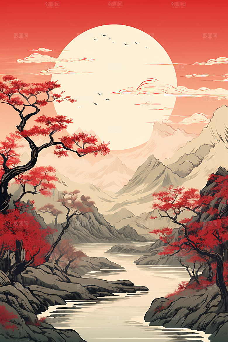 中国红山水红色风光插画