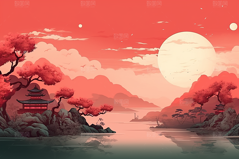 中国红山水手绘新中式插画