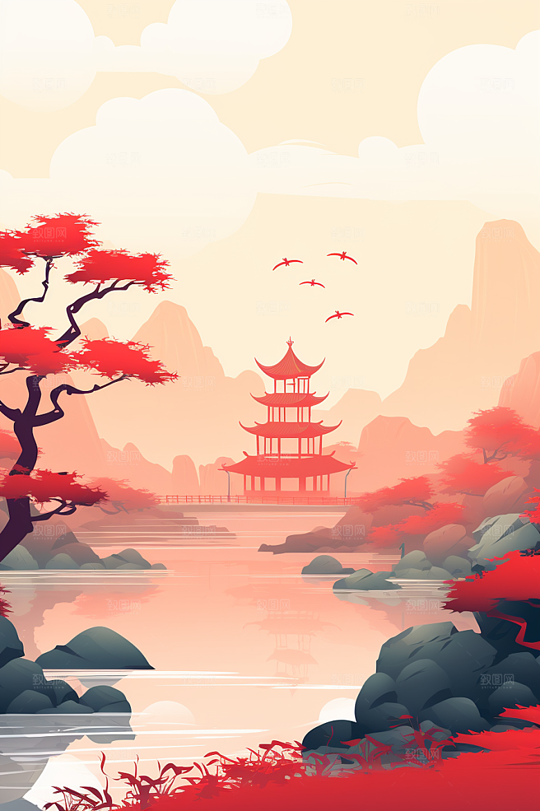 中国红山水手绘水墨插画