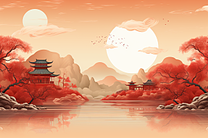 中国红山水国画新中式插画