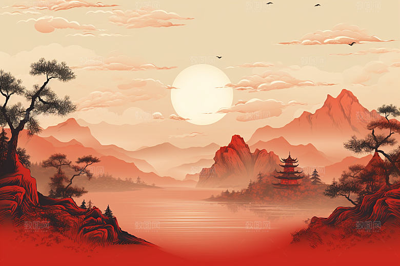 中国红山水风光水墨插画