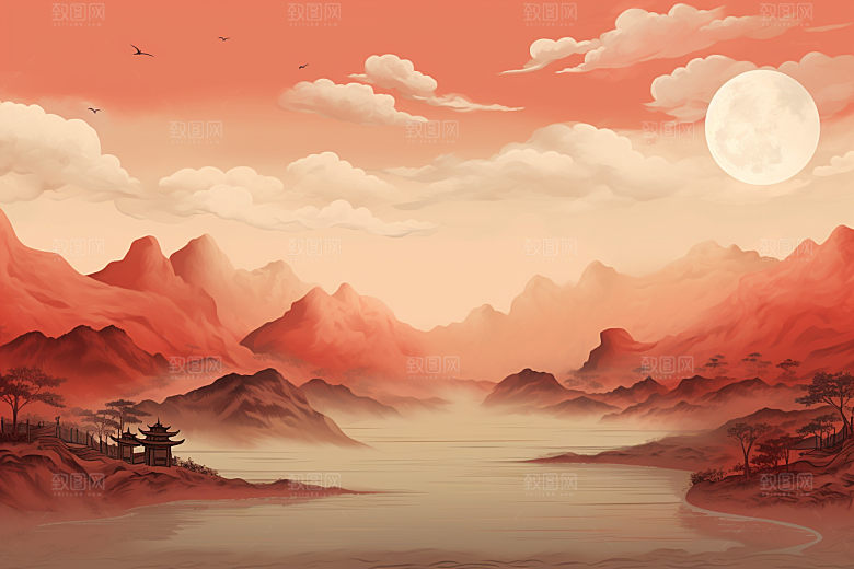 中国红山水风光国画插画