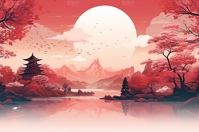中国红山水艺术水墨插画
