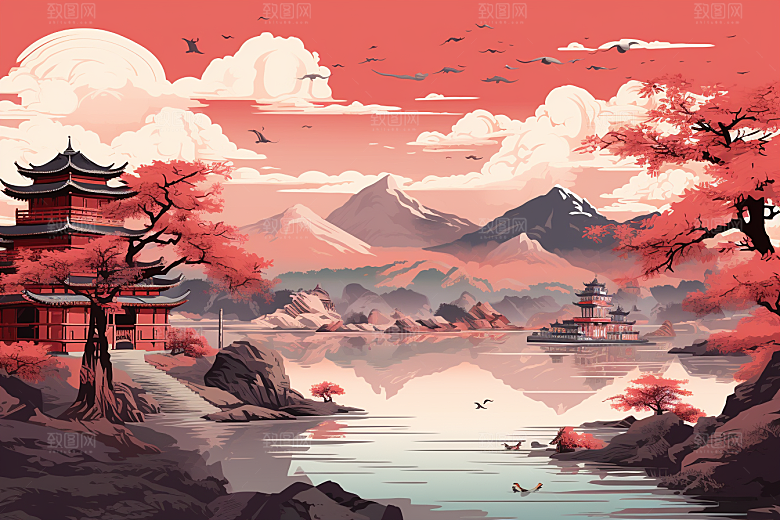 中国红山水手绘新中式插画