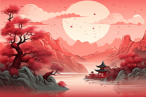 中国红山水国画手绘插画