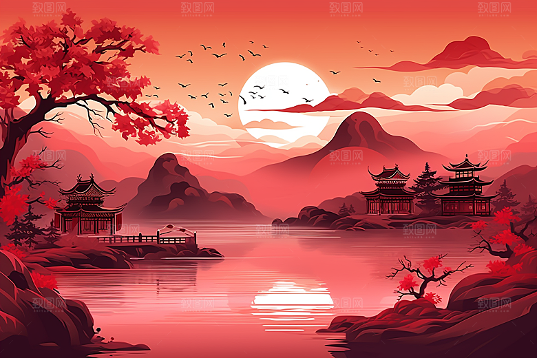 中国红山水艺术新中式插画