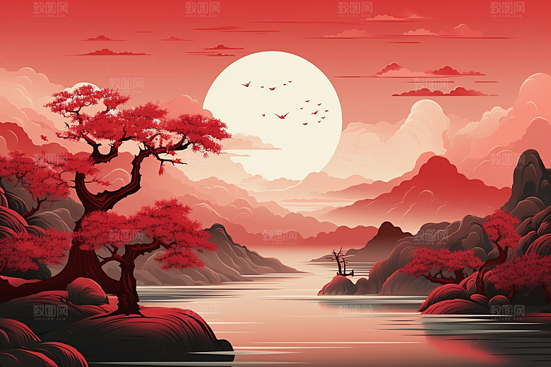 中国红山水红色风光插画