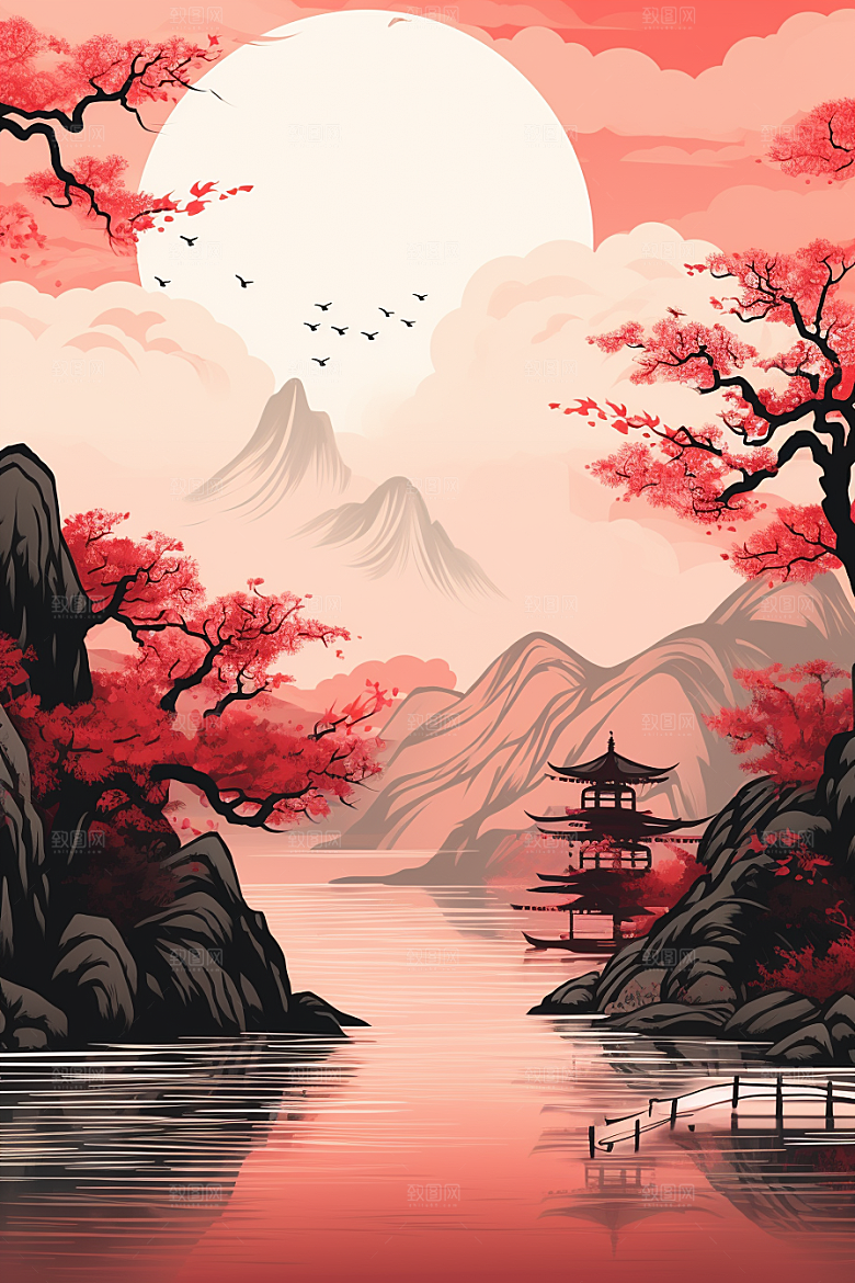 中国红山水风光手绘插画