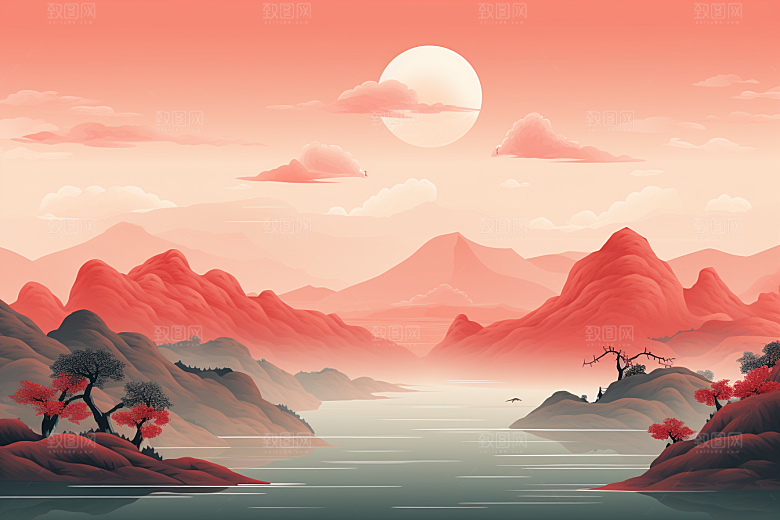 中国红山水艺术风光插画