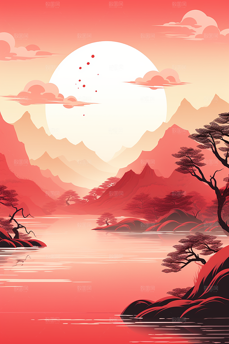 中国红山水风光国画插画
