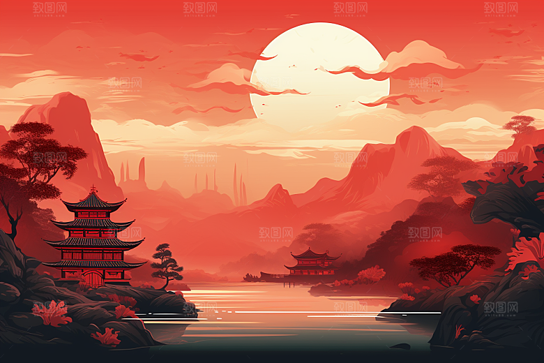 中国红山水艺术新中式插画