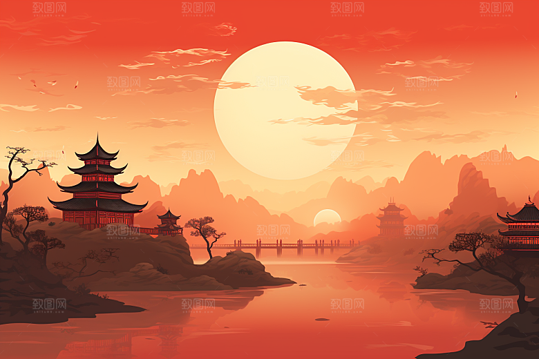 中国红山水新中式艺术插画