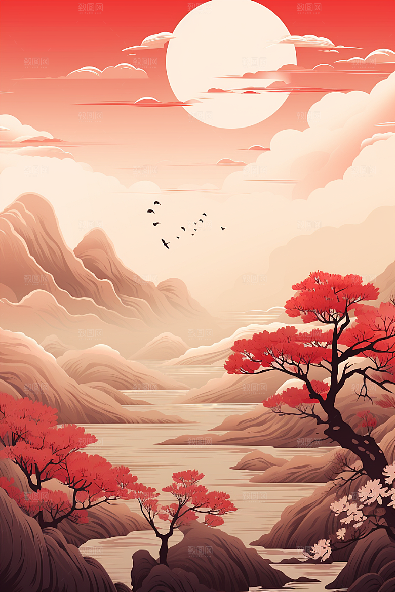 中国红山水红色水墨插画
