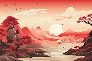 中国红山水国画水墨插画
