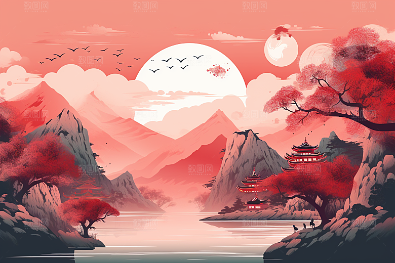 中国红山水艺术风光插画