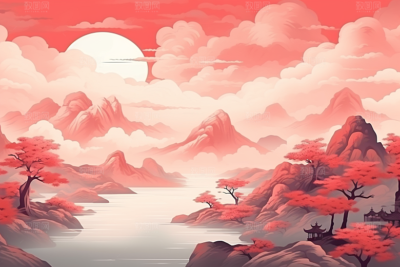 中国红山水风光新中式插画