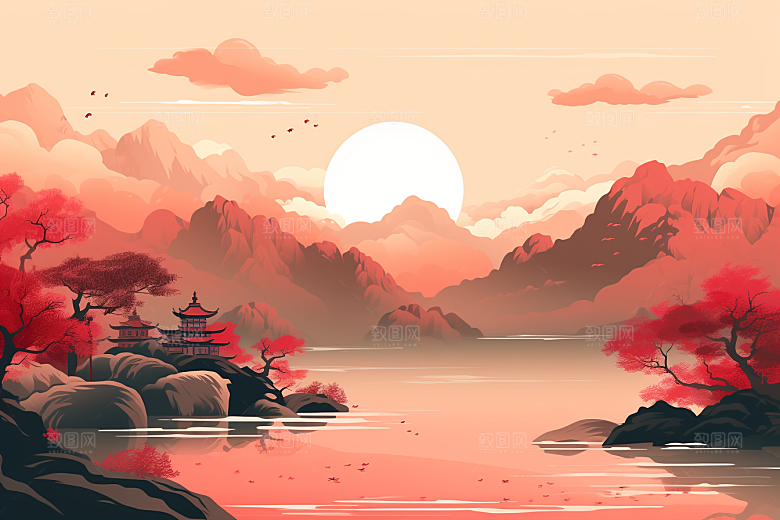 中国红山水艺术手绘插画