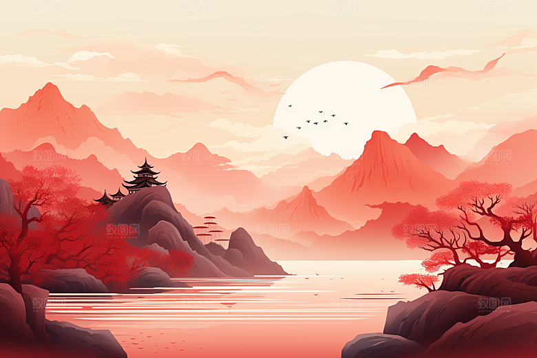 中国红山水水墨风光插画