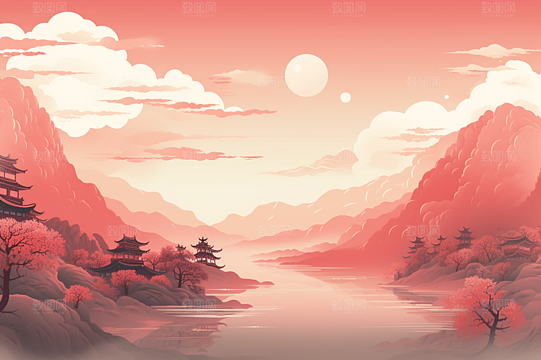 中国红山水艺术手绘插画