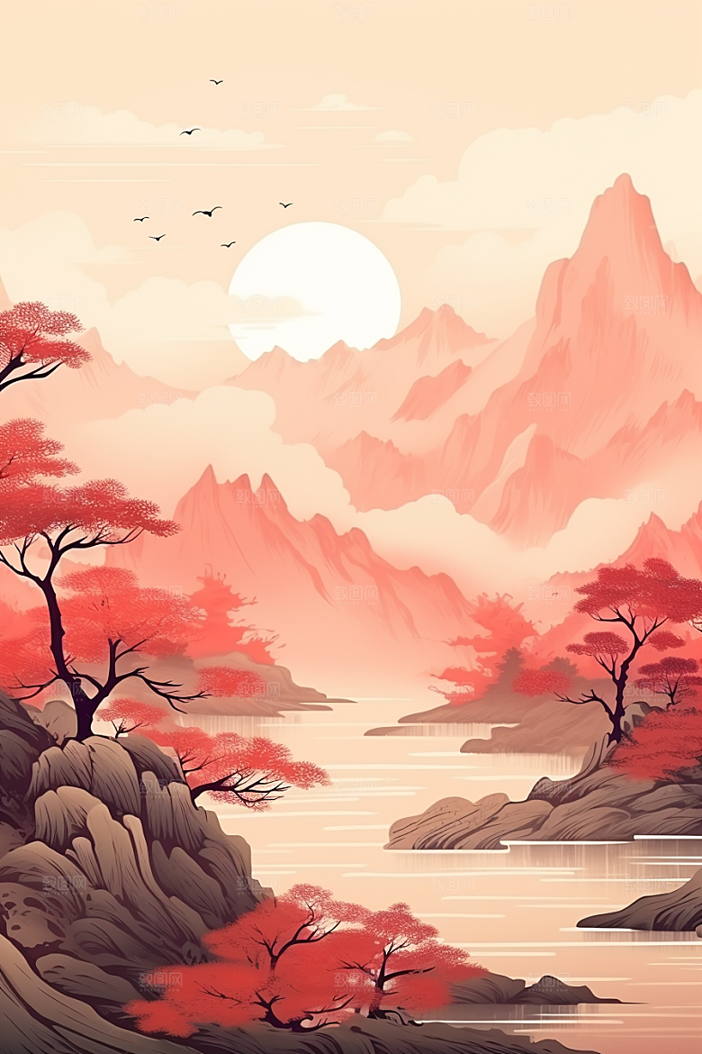 中国红山水红色水墨插画