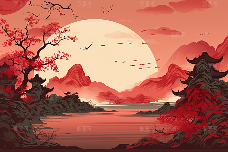 中国红山水风光新中式插画