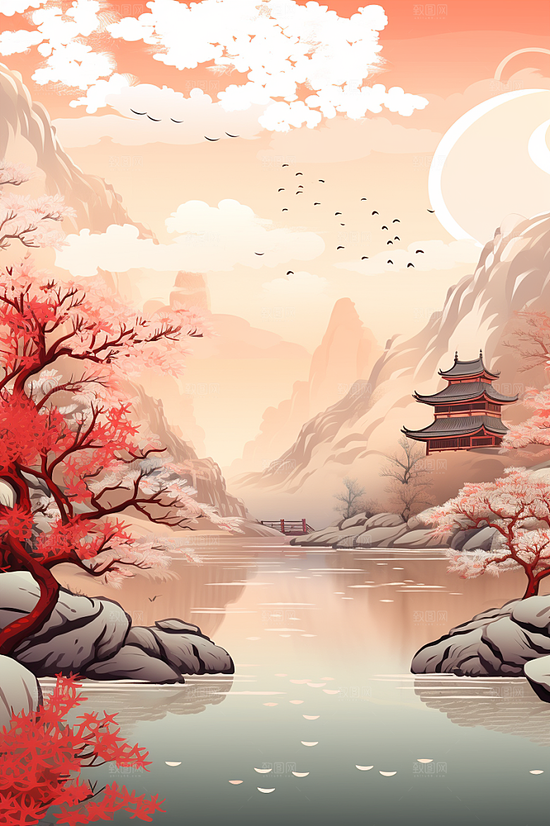 中国红山水风光艺术插画