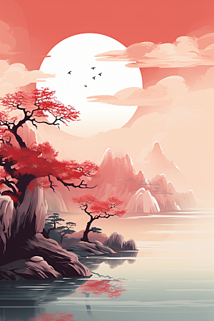中国红山水水墨手绘插画