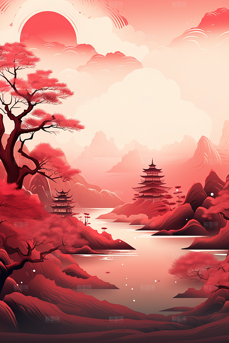 中国红山水艺术国画插画