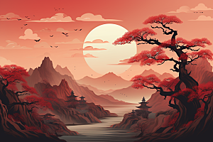中国红山水艺术水墨插画