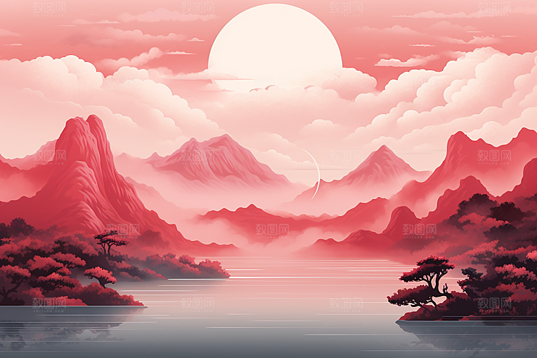 中国红山水红色水墨插画